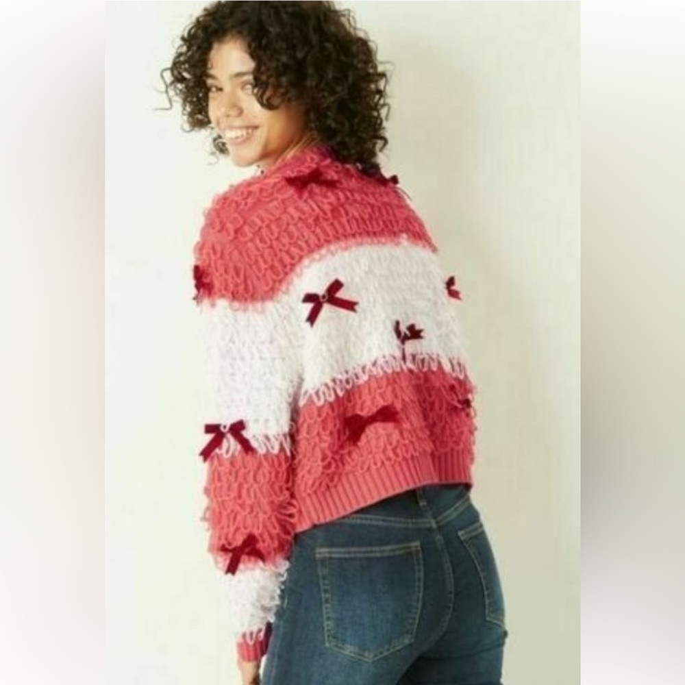 Mighty Fine Striped Red & White Bow Cardigan Sweater Women’s Size L - Picture 2 of 15